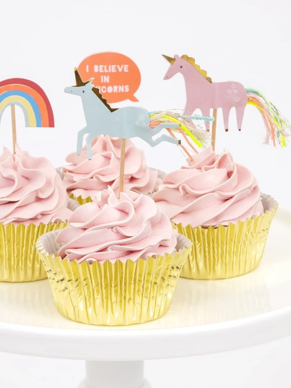 🆕 24 Meri Meri Cupcake Topper Unicorns Rainbows Metallic Gold Birthday Party NWT